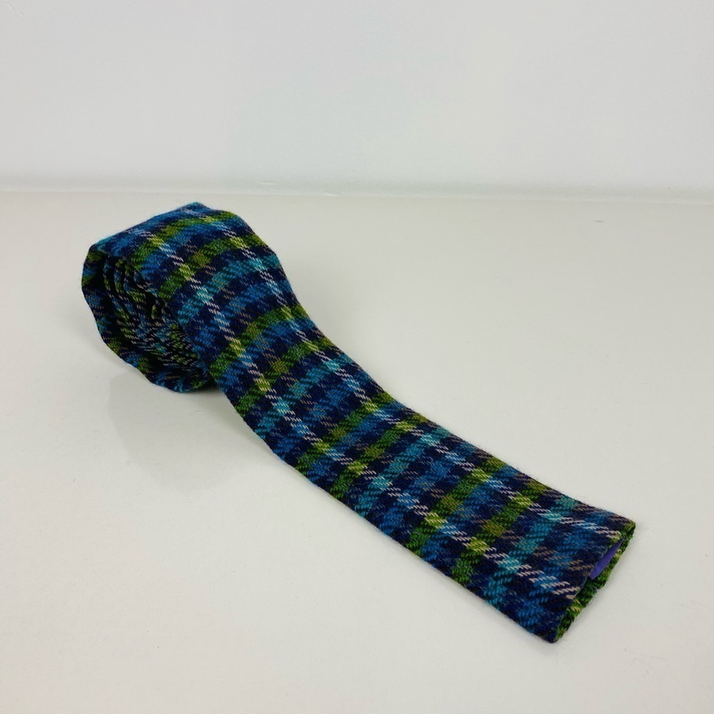 Vintage Rooster Square End Necktie, Blue Plaid Virgin Wool 3" Wide Tie - Picture 10 of 12